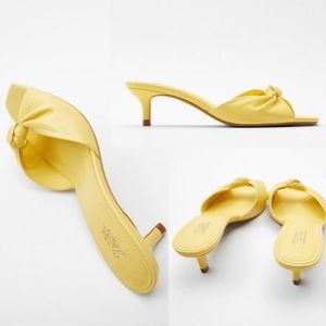 Zara Knotted Leather Kitten Heel Sandal Shoe Yellow